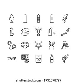 Sex shop line icons set. Adult toys, dildo, bdsm handcuffs, vibrator vector illustrations. Outline pictogram for sexshop, website, flyers and advertising. Editable Strokes.