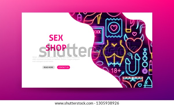 Sex Shop Neon Landing Page Vector Illustration Of Adult Toys Web Banner 