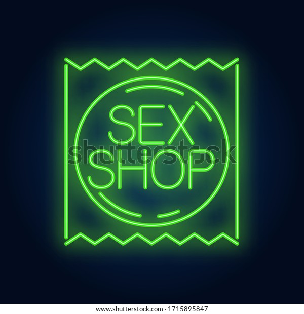 セックスショップのネオンサイン レンガ壁のコンドームパッケージ 夜明けの広告 避妊や安全な性用のネオンスタイルのベクターイラスト のベクター画像素材 ロイヤリティフリー