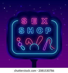 Sex shop neon street billboard. Adult accessories. Sexual toys. Night bright emblem. Outer glowing effect poster. Editable stroke. Isolated vector stock illustration