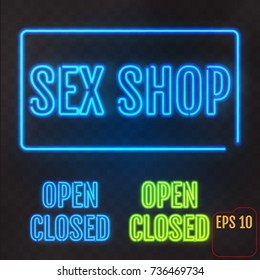 Sex Shop, Open, Closed - Neon Sign. Adults Store Banner. Vector Illustration