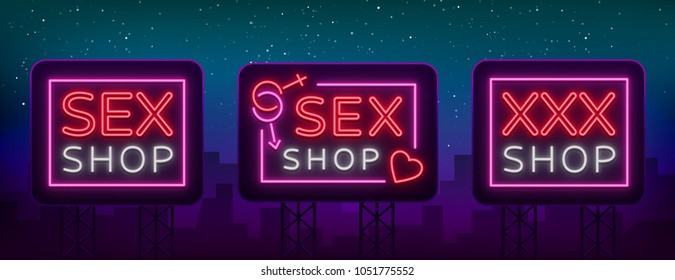 Sex Shop Set Logos Neon Style Vetor Stock Livre De Direitos 1051775552 Shutterstock