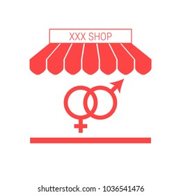 Sex Shop Single Flat Vector Icon. Striped Awning and Signboard. A Series of Shop Icons.
