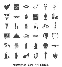 Sex Shop Solid Web Icons. Vector Set of Adult Toys Glyphs.