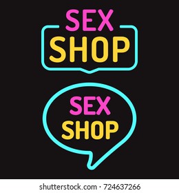 Sex shop. Two vector badges, neon effect illustration on black background. Business concept.