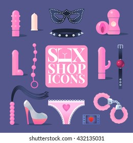 Sex Shop Vector Icons. Design Elements For Sex Toys Industry. Bdsm Vector Symbols