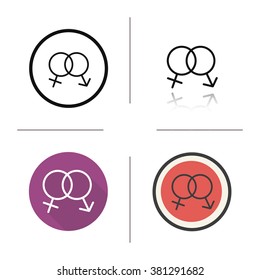Sex symbol flat design, linear and color icons set. Heterosexual couple love and sex sign. Long shadow logo concept. Sex and relationships symbol. Isolated vector illustrations. Infographic elements