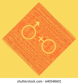 Sex symbol sign. Vector. Red scribble icon obtained as a result of subtraction rhomb and path. Royal yellow background.