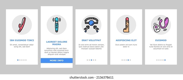 Sex Toy And Sexy Accessories Onboarding Mobile App Page Screen Vector. Vagina And Penis, Vibrator And Dildo Anal And Vaginal Masturbation Sex Toy, Handcuff Ring, Facial Mask Condom . Illustrations