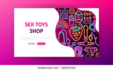 Sex Toys Neon Landing Page. Vector Illustration Of Adult Shop Web Banner.