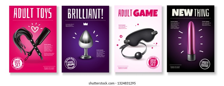 Sex toys poster set with advertising captions and accessories for adult games vector illustration