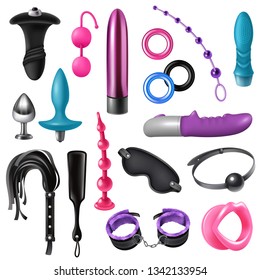 Sex toys realistic set of dildos butt plug mask bracelet lash isolated accessories  vector illustration