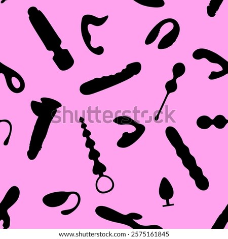 Sex toys silhouettes. Different types of vibrators, dildos,  anal balls, phallos, anal plugs.   Seamless pattern. Texture for fabric, wrapping, wallpaper. Decorative print.Vector illustration