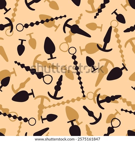 Sex toys silhouettes. Different types of vibrators, dildos,  anal balls, phallos, anal plugs.   Seamless pattern. Texture for fabric, wrapping, wallpaper. Decorative print.Vector illustration