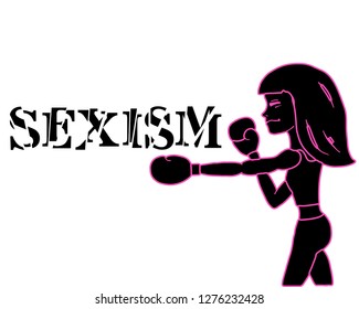 Sexism broken text. boxing training. Women's rights. Feminist slogan. Vector illustration Creative unique design for emblem, t-shirt, sticker, poster, wall decoration, print.