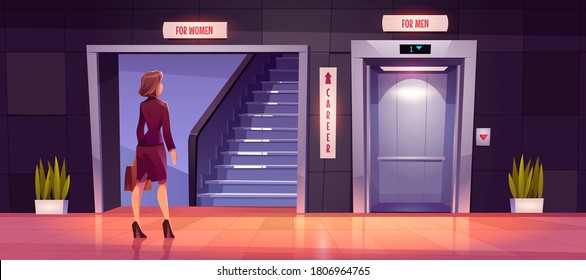 Sexism and discrimination of women in career growth concept. Preoccupied businesswoman stands near ladder and waits for lift doors. Unequal career opportunities, glass ceiling. Cartoon vector illustration