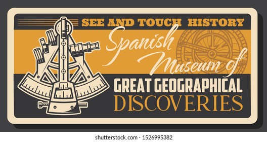 Sextant and astrolabe navigation instrument, Spanish great geographical discoveries. Vector tool measuring angular distance between two visible objects, measure attitude of sun above horizon