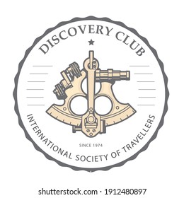 Sextant Emblem For Discovery Club - Navigation Astrolabe Logo, Vintage Nautical Navigation Device, Badge With Sextant