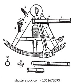 Sextant es un instrumento de reflexión utilizado por los navegadores para medir las altitudes de los cuerpos celestiales, el dibujo vintage o la ilustración grabadora.