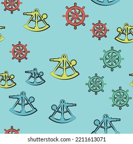 A sextant and a steering wheel on a light green background - seamless patern