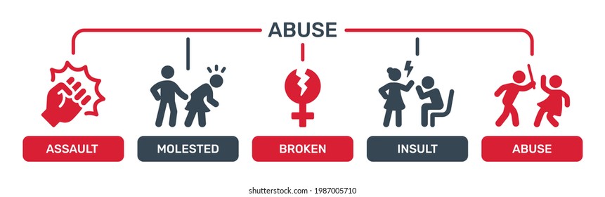 Sexual Abuse, Harassment, Violence Vector Icons Set. Contain Assault, Molested, Broken, Insult And Abuse Icon.