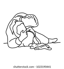 Sexual abuse with a man attacking a scared woman in a dark place vector illustration sketch hand drawn with black lines, isolated on white background