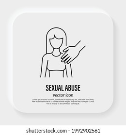 Sexual Abuse Thin Line Icon. Hans Touches The Female Breast. Victim Of Sexual Violence. Vector Illustration.