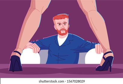 Sexual addiction flat vector illustration. Hypersexual physiological disorder. Erotomania, mental disorder, sexuality obsession. Brutal man in nightclub watching striptease show cartoon character