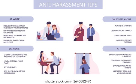 Sexual Assault And Harassment Prevention Infographic. Security Advisories For Women And Safety Tips At Work And Home, On A Date And Street. Isolated Vector Illustration In Cartoon Style