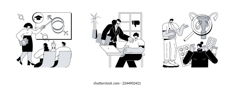 Conjunto de ilustraciones vectoriales de concepto abstracto de comportamiento sexual. Educación sexual, relaciones de acoso, enfermedades de transmisión sexual, abuso y agresión, interacciones sociales metáforas abstractas.