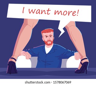 Sexual behavioral disorder flat vector illustration. Hypersexuality problem. Erotomania, sexuality obsession. Brutal man unable to control himself at nightclub striptease show cartoon character
