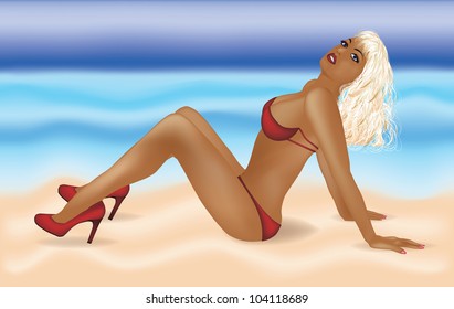 Sexual blonde on a beach. vector illustration