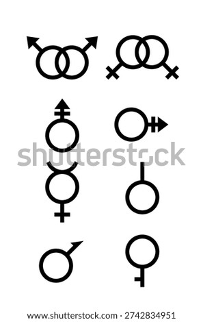 Sexual concept symbols. Vector. Set gender orientation outline signs. Male and female black icons isolated on white background. Simple illustration.