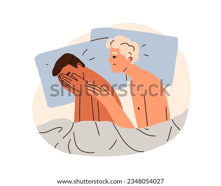 Sexual disorder, sex dysfunction, intimacy problem concept. Gay love couple. Homosexual man comforting worried upset partner after failure in bed. Flat vector illustration isolated on white background