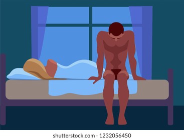 Sexual Dysfunction.  Man Sitting On The Bed Very Upset. Man Has Sexual Problems.