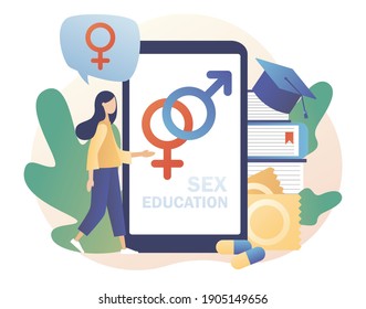 Sexual Education App. Contraception And Reproduction System. Sexual Health Lesson For Tiny People. Human Sexuality. Modern Flat Cartoon Style. Vector Illustration On White Background