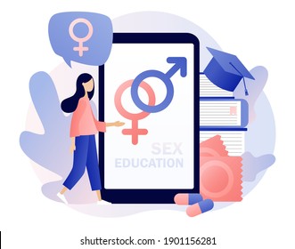 Sexual Education App. Sexual Health Lesson For Tiny People. Contraception And Reproduction System. Human Sexuality. Modern Flat Cartoon Style. Vector Illustration On White Background