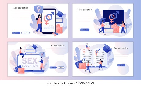 Sexual Education Concept. Sexual Health Lesson. Contraception And Reproduction System. Screen Template For Mobile Smart Phone, Landing Page, Template, Ui,web, Mobile App, Poster, Banner, Flyer. Vector