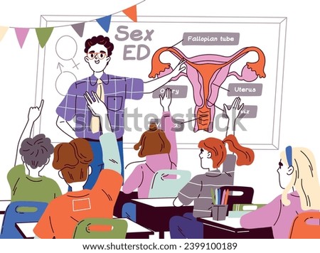 Sexual education concept. Man with scheme of redproductive female and male system. Teacher with kids at lesson. Biology and anatomy. Sex ed for students in school. Doodle flat vector illustration