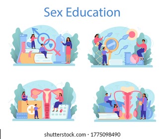 Sexual Education Concept Set. Sexual Health Lesson For Young People. Contraception And Reproduction System. Sexuality And Gender. Isolated Vector Illustration