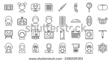  Sexual education icons set. Sexual education learning resources represented with various line icons depicting contraceptives, family planning, healthcare, and gender studies