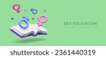 Sexual education. Lessons for boys and girls. Study of anatomy of human body. Sexual reproduction, safe sex. Family planning, contraception. Color poster in positive cartoon style