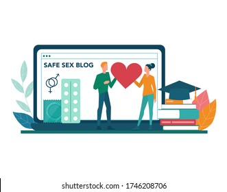 Sexual Education Online Service Or Platform. Sexual Health Lesson For Young People. Safe Sex Blog. Isolated Vector Illustration