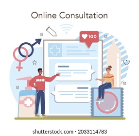 Sexual Education Online Service Or Platform. Sexual Health Lesson For Young People. Contraception And Reproduction System. Online Consultation. Isolated Vector Illustration