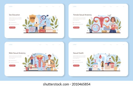 Sexual Education Web Banner Or Landing Page Set. Sexual Health Lesson For Young People. Contraception And Reproduction System. Isolated Vector Illustration