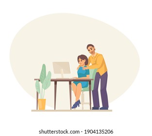 Sexual Harassment, Abuse At Office. Man Boss Harassing Female Worker At Workplace, Puts Hands On Woman Shoulders. Sexual Harassment Violence And Bullying Between Female And Man Employee Cartoon Vector