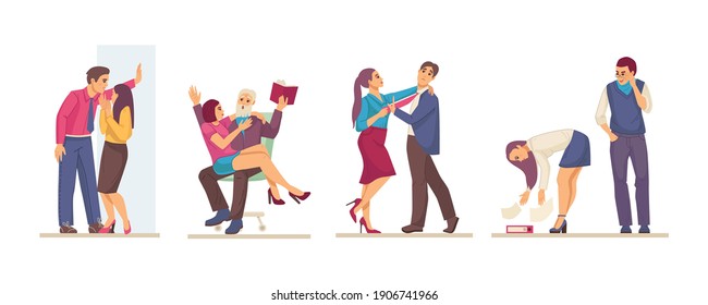 Sexual Harassment, Assault, Abuse Incident In Office. Sexual Harassment Violence And Bullying Between Female And Man Employee, Boss And Worker, Sexism Discrimination Cartoon Vector