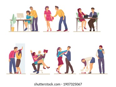 Sexual Harassment, Assault, Abuse Incident In Office. Sexual Harassment Violence And Bullying Between Female And Man Employee, Boss And Worker, Sexism Discrimination Cartoon Vector