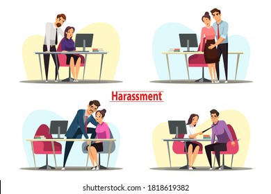 Sexual harassment, assault and abuse at office illustration set. Men harassing female workers at workplace, woman bullying guy, colleagues afraid of unwanted touch vector.