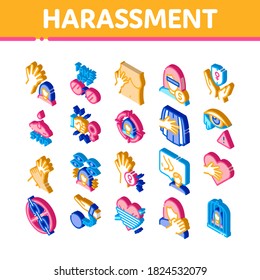 Sexuelle Belästigung Symbole Set Vektorgrafik. Isometrische Opfer und Frauen, sexuelle Belästigung, Verfeinerung und Übergriffe, gewaltsame und unangemessene Illustrationen